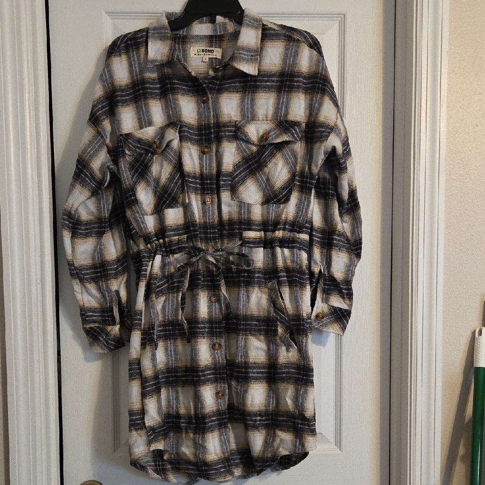 Navy and Cream Plaid Shirt Dress